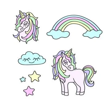 Unicorns, rainbow, clouds, stars magic vector set Stock Illustration