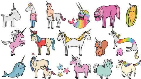 Unicorns set background collection 2d animated illustration Stock Illustration
