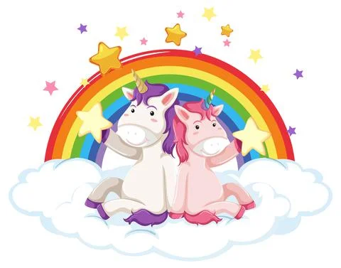 Unicorns sitting on a cloud with rainbow 库存插图
