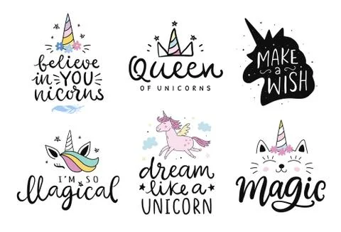 Unicorns vector cute hand drawn lettering poster templates set Stock Illustration