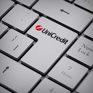 UniCredit logo notebook keycap 3d illustration stock market editorial Stock Photos