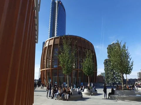 Unicredit tower and Pavilion. Gae Aulenti square Stock Footage 80986475