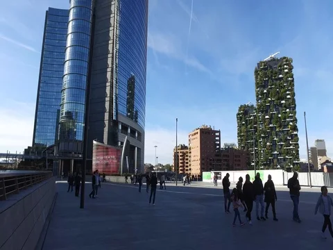Unicredit tower and vertical forest. Gae Aulenti square Stock Footage 80983266
