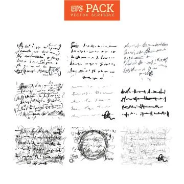Unidentified abstract handwriting scribble text art drawing pack. Illustration