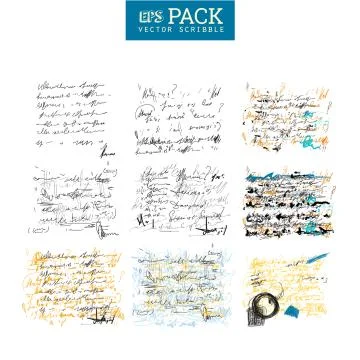 Unidentified abstract handwriting scribble text art drawing pack. Illustration