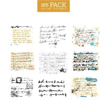 Unidentified abstract handwriting scribble text art drawing pack. Ilustração Stock