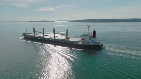 Unidentified cargo ship in dramatic light steams south in Salish Sea Stock Footage 172459389