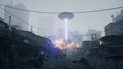 An unidentified flying object blasts the city slums with an alien weapon. The Vídeo Stock 196860930