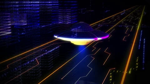 Unidentified Flying Object In Cyber Space. Digital Road. Neon Outlines. 3d. Stock Footage 211822203