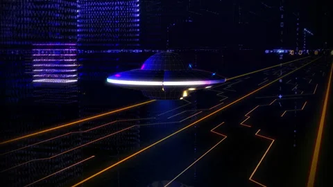 Unidentified Flying Object Floating. Inside a Virtual World. Blue Colors. Stock Footage 221299053
