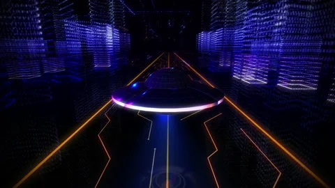 An Unidentified Flying Object is Flying above the Golden Road in Virtual City Stock Footage 154353330
