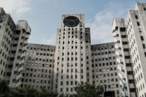 Unidentified flying object flying close to an abbandoned building Stock Illustration