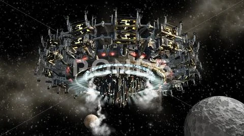Unidentified flying object next to the moon Stock Illustration
