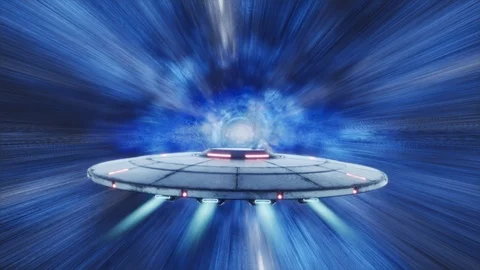 Unidentified Flying Object (UFO) flying through the stars with hyperspeed. 4KHD Stock Footage 119984154