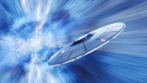 Unidentified Flying Object (UFO) flying through the stars with hyperspeed. 4KHD Stock Footage 119984265