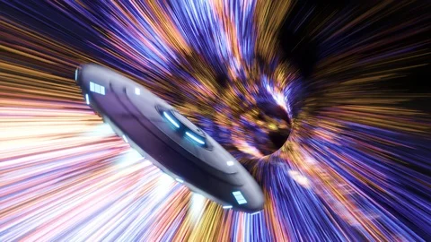 Unidentified Flying Object (UFO) flying through a colourful star tunnel. 4KHD Stockbeeldmateriaal 119985120