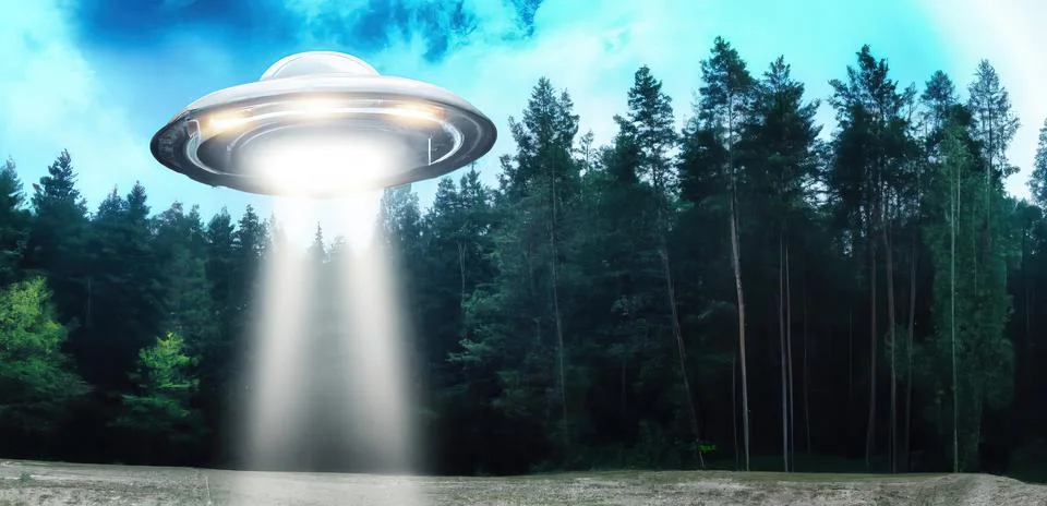 Unidentified flying object UFO using teleporting beam in middle of forest Stock Illustration
