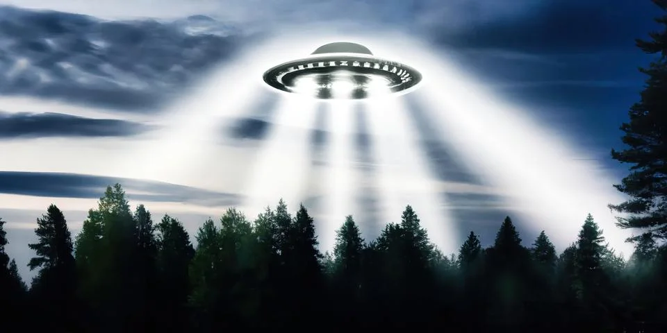 Unidentified flying object UFO using teleporting beam in middle of forest Stock Illustration
