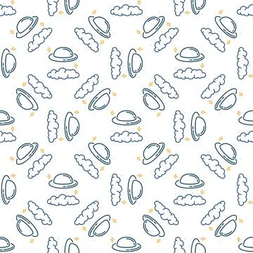 Unidentified Flying Object vector UFO in Sky seamless pattern Stock Illustration