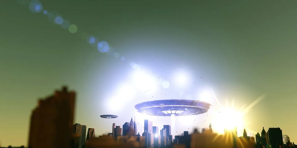 Unidentified flying objects over a famous city Stock Illustration
