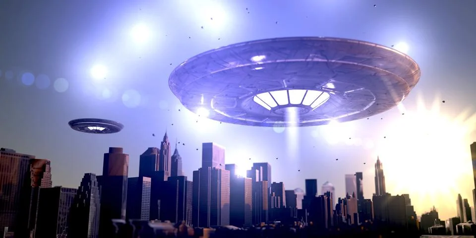 Unidentified flying objects over a famous city Stock Illustration
