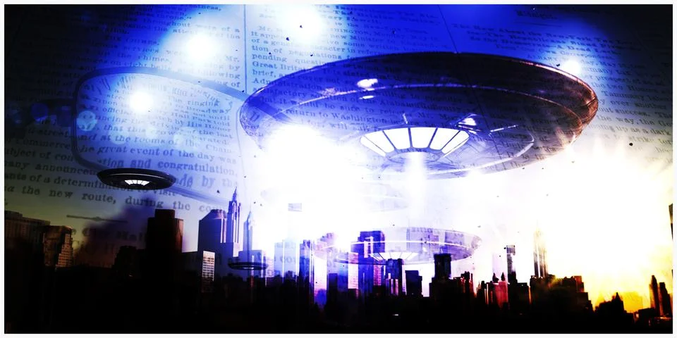 Unidentified flying objects over a famous city Stock Illustration