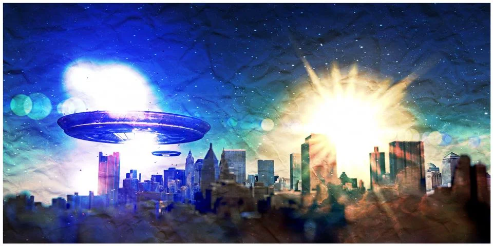Unidentified flying objects over a famous city イラスト素材