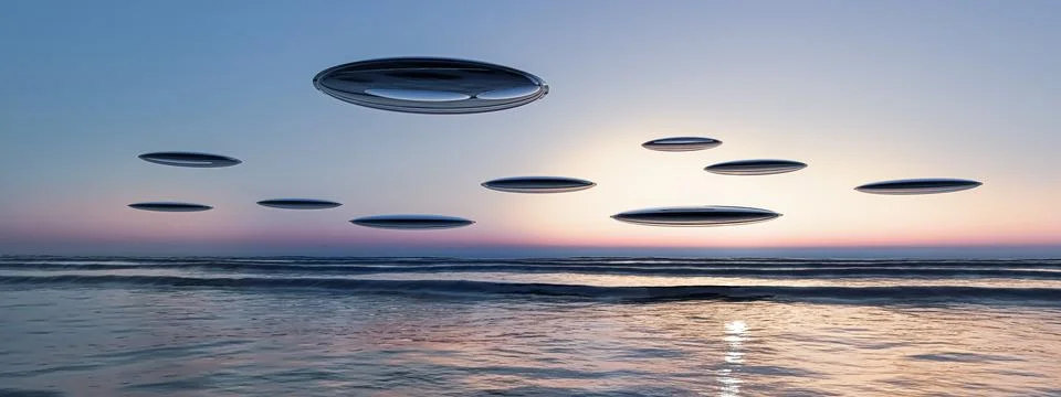 Unidentified flying objects sighting over the sea Illustrazione stock