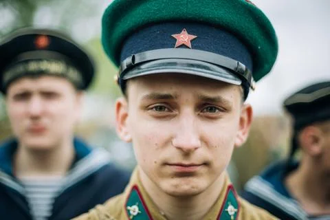 Unidentified re-enactor dressed as Soviet soldier during events Stock Photos
