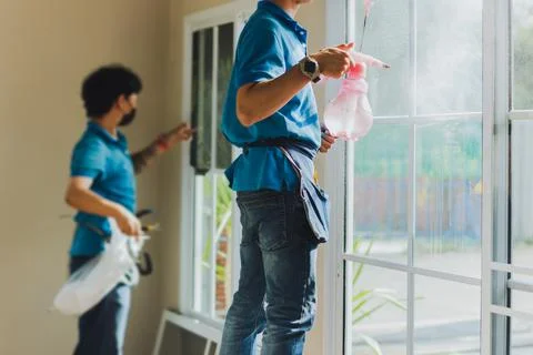 Unidentified worker wrapper tinting a window using foggy spray. Stock Photos