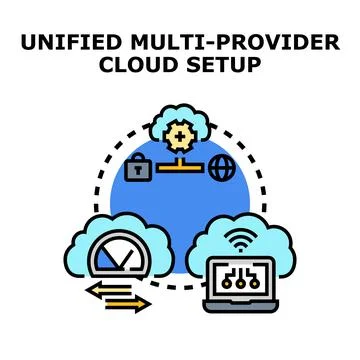Unified multi provider cloud services setup connecting user devices Stock Illustration