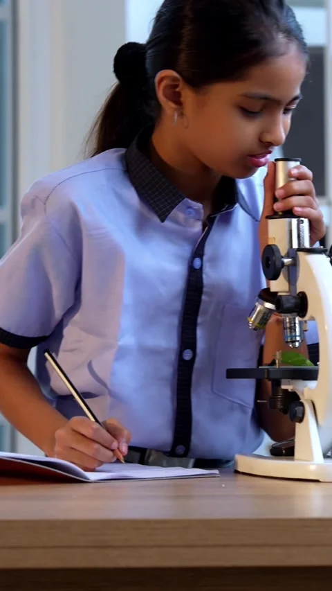 Uniformed Indian students in class room, studying science using microscope Stock Footage 342844120