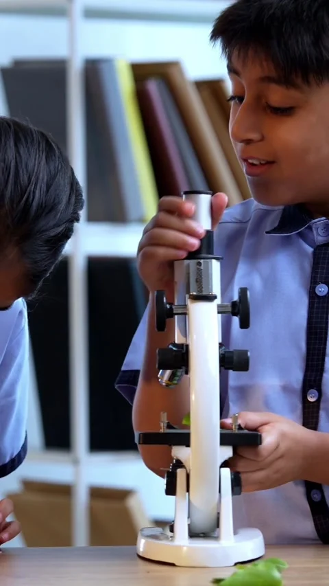 Uniformed Indian students in class room, studying science using microscope Stock Footage 342844125