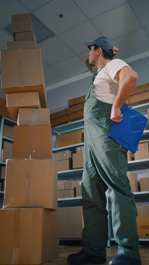 A uniformed mover in a warehouse looks at a stack of boxes in confusion vertical Stock-Footage 275961937