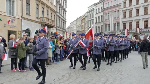 Uniformed services of Poland during parade in the national constitution day Vidéo 75756415