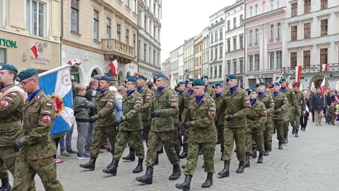 Uniformed services of Poland during parade in the national constitution day Vidéo 75773690