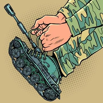 A uniformed soldier puts on tanks instead of boots. Concept army war Stock Illustration