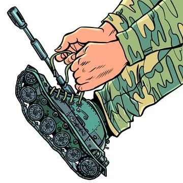 A uniformed soldier puts on tanks instead of boots. Concept army war Illustrazione stock