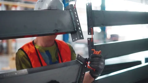 A uniformed worker hangs metal panels on an overhead conveyor for painting. Stockbeeldmateriaal 146100859