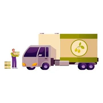 A uniformed worker loads crates of olive oil onto a truck. Ilustración de archivo