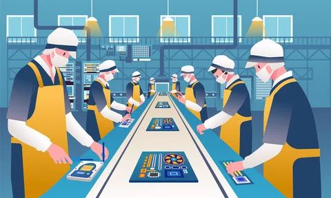 Uniformed workers line up assembling circuit computer board on conveyor belt Stock Illustration