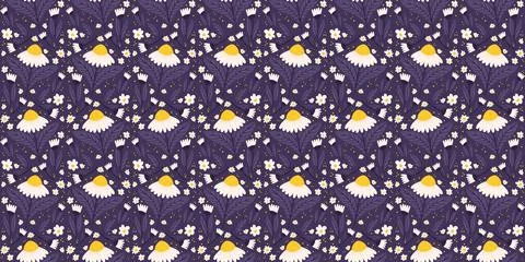 Uninterrupted Seamless pattern with daisy flowers in deep purple hues. Cham.. Stock Illustration