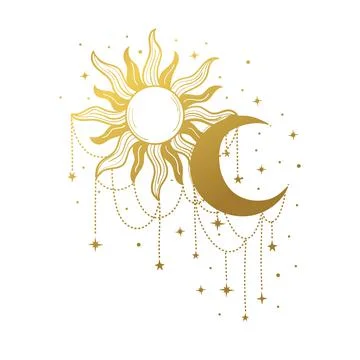 Union of day and night, vector icon with golden sun and crescent moon, vintage Illustrazione stock