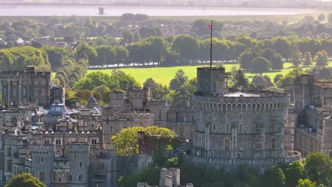 Union Flag Flying Above Windsor Castle Aerial Drone View Stock Footage 292432876