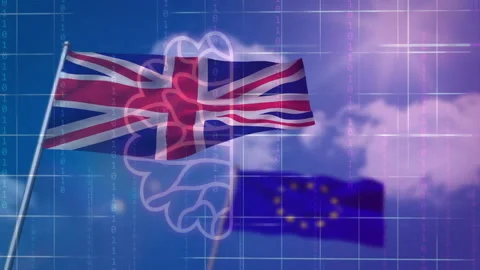Union Jack and EU flags with binary coding and grid animation Stock Footage 306564688