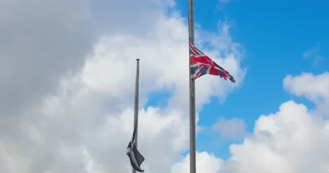 Union Jack Flag And Flag Of Cornwall At Half-mast, Official State Of Stock Footage 209449867