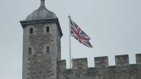 Union Jack flag blowing in slow motion at Tower of London Stock Footage 86649703