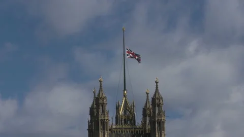 Union Jack Flag Flying At Half Mast On Top Of Victoria Tower, Westminster. Stock Footage 152344459