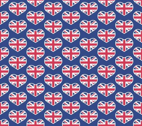 Union jack flag heart vector seamless pattern on blue background Stock Illustration