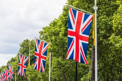 Union Jack Flags Lining The Mall, London. Patriotic Street Decorations Stock Photos